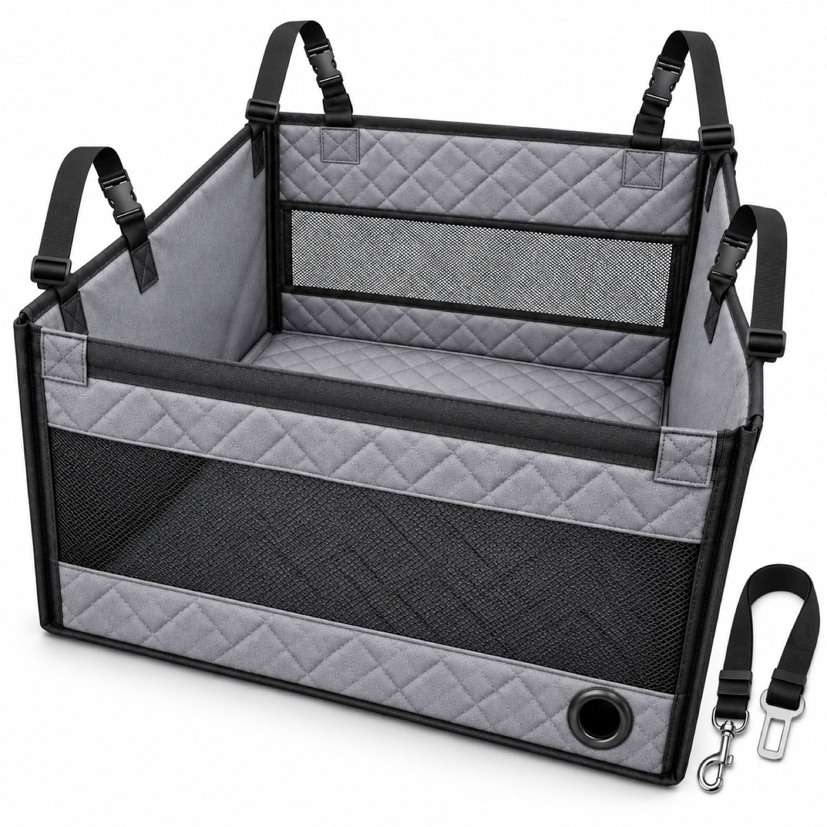 Hard-Bottom Rear Seat Pet Enclosure, 2 Colors, 2 Sizes & 2 Packages, By GAVPEPY image 13 - DPmat15-Gray-SafetyOpening-SeatBelt-ReadyStock-OneSize-Var2.jpg