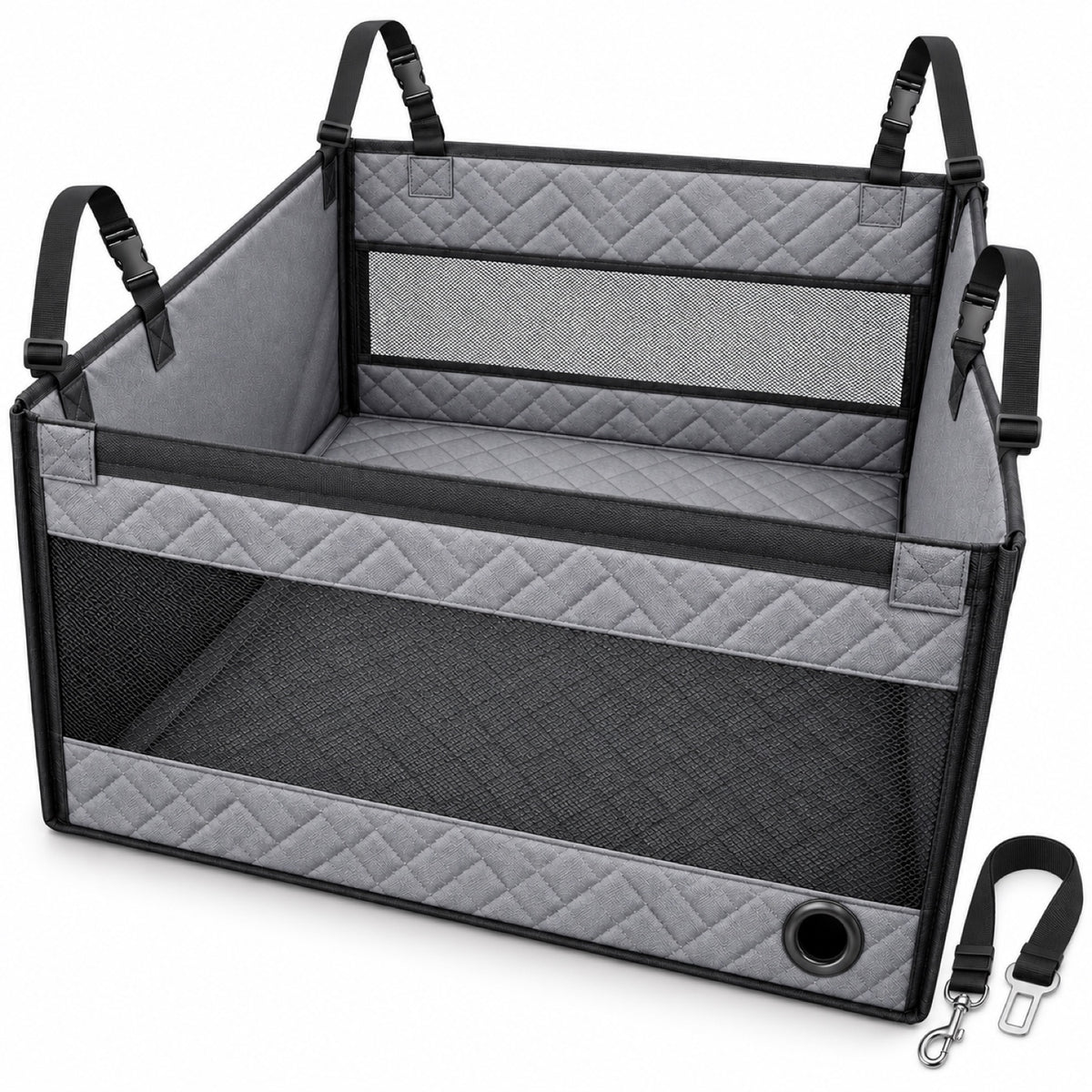 Hard-Bottom Rear Seat Pet Enclosure, 2 Colors, 2 Sizes & 2 Packages, By GAVPEPY image 14 - DPmat15-Gray-SafetyOpening-SeatBelt-ReadyStock-OneSize.jpg