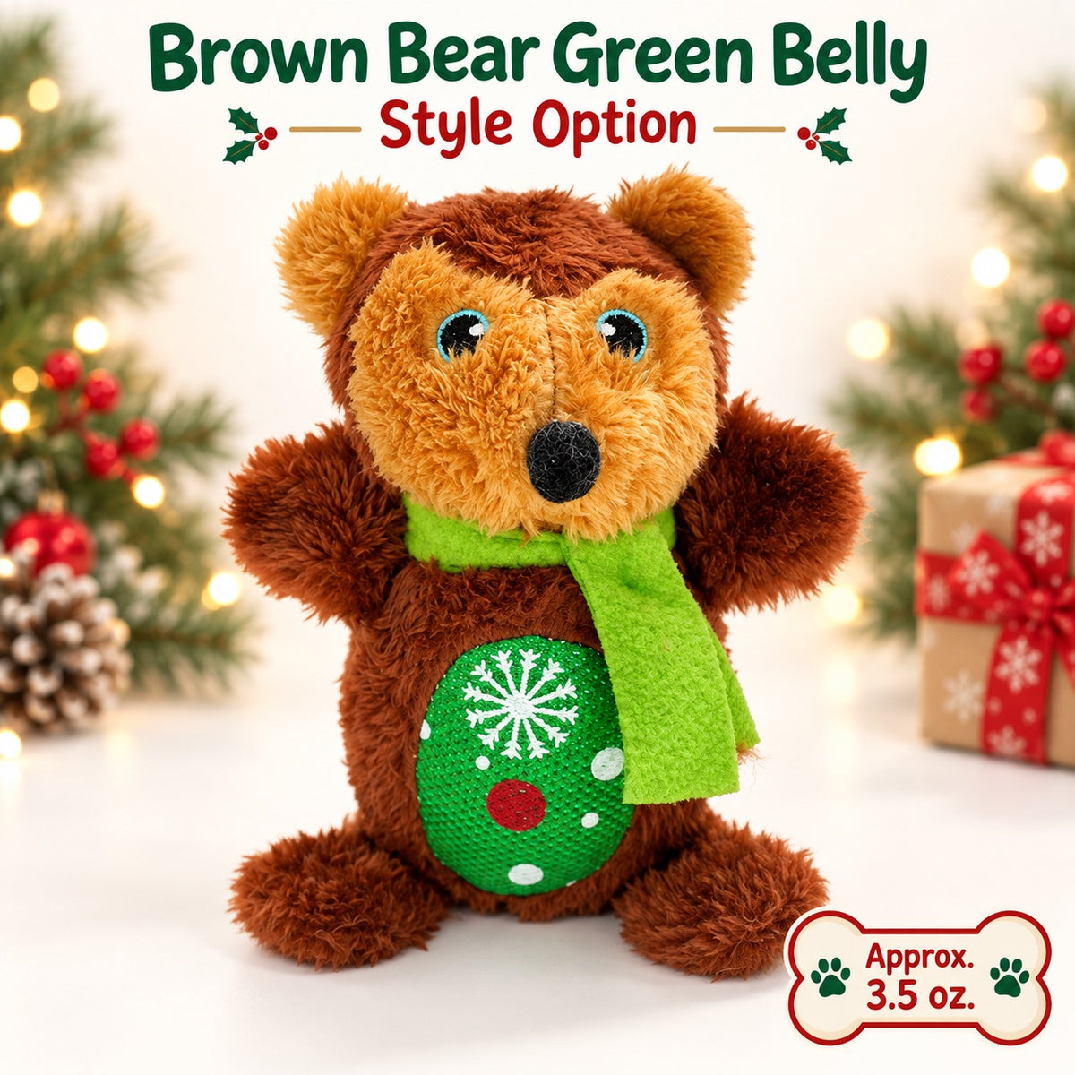 Plush Fabric Christmas Dog Toy, 8 Styles, By GAVPEPY image 8 - bianti-christmas-brown-bear-green-belly.jpg
