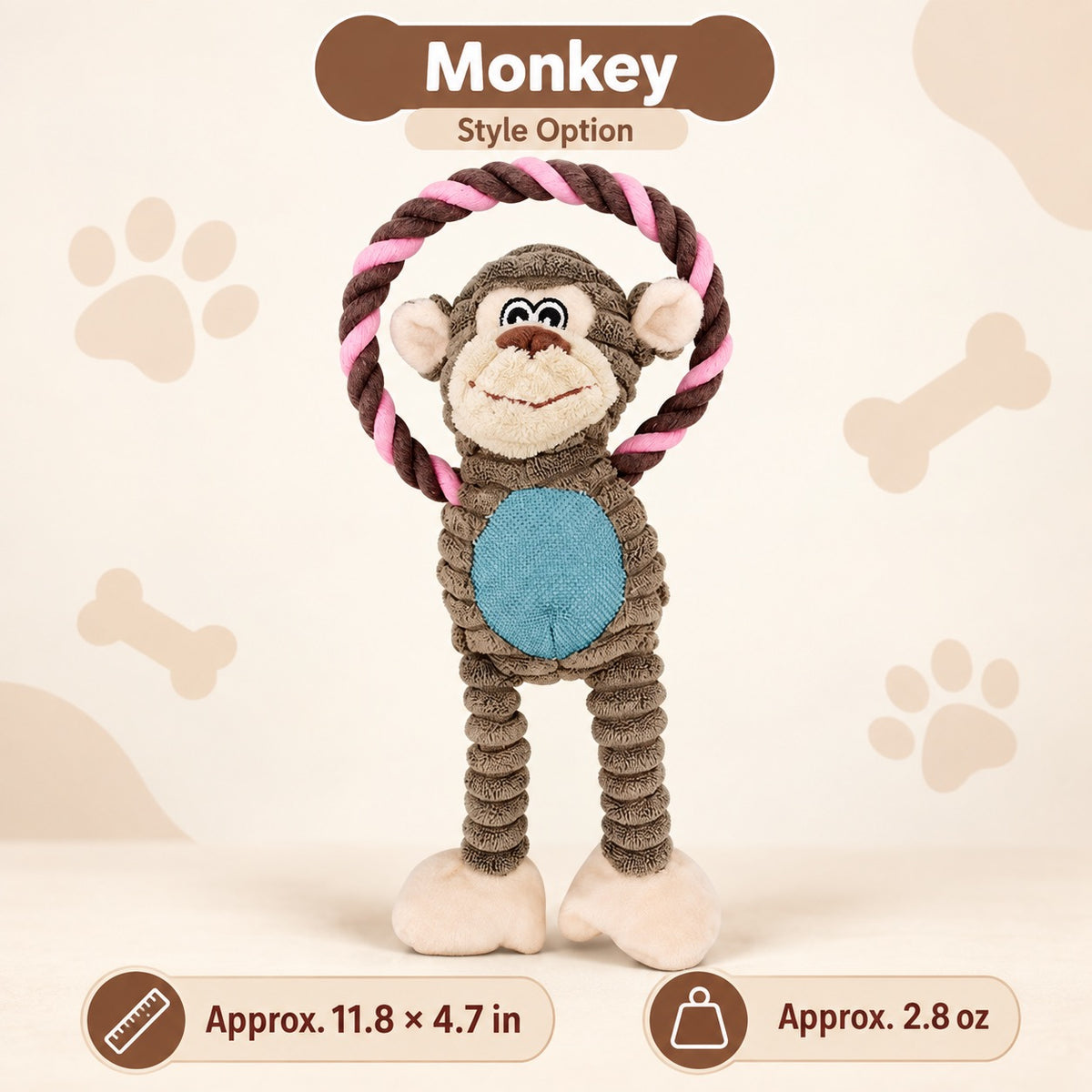 Plush Fabric Plush Squeaky Dog Toy, 3 Styles, By GAVPEPY image 10 - bianti-monkey-30x12cm.jpg