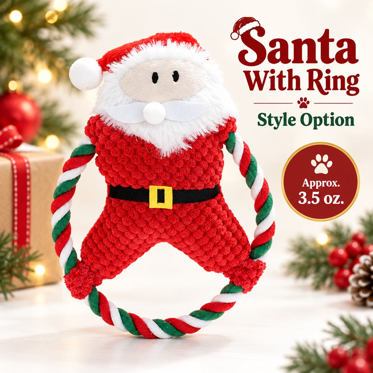 Plush Fabric Christmas Dog Toy, 8 Styles, By GAVPEPY image 15 - bianti-santa-with-ring.jpg