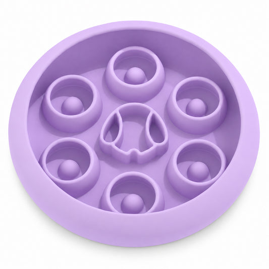 GAVPEPY Silicone UFO Slow Feeder Bowl, 20.3 cm diameter x 5 cm high, Star Purple, Sea Blue, Steel Gray, Sage Green, Coffee Brown or Mist Blue, for Everyday Dog and Cat Meals or Water at Home, raised circular feeding channels; a patterned surface image 1 - main.jpg