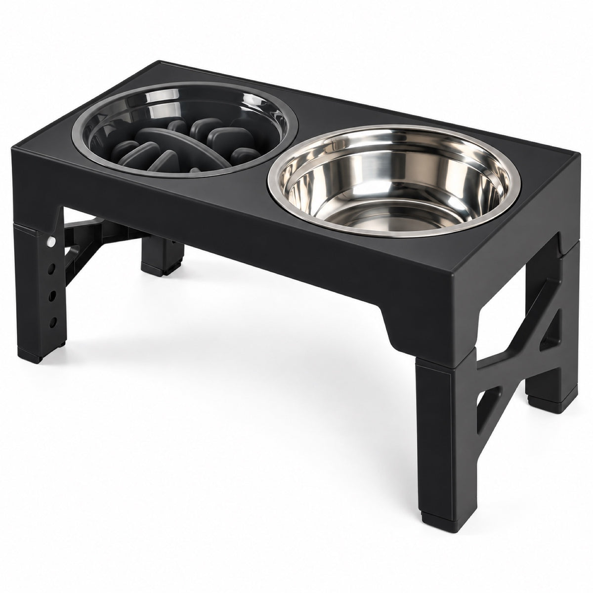 GAVPEPY Adjustable Raised Double Pet Feeder, 44 x 23 x 8 cm, Black, for Everyday Dog and Cat Meals or Water at Home, one textured feeding area and one round metal-look bowl; a practical feeding setup for daily pet-care routines image 1 - main.jpg