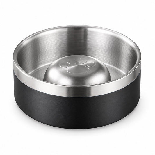 GAVPEPY Stainless Steel Slow Feeder Pet Bowl, 17 or 20 cm diameter, Classic Black, Navy Blue, White or Steel, for Everyday Dog and Cat Meals or Water at Home, raised central feeding ridges; a patterned surface separates portions across the bowl image 1 - main.jpg