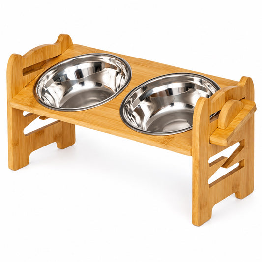 GAVPEPY Bamboo Double Pet Bowl Stand, three frame sizes from 42 to 42.5 cm wide, natural bamboo, for Everyday Dog and Cat Meals or Water at Home, two bowl positions in a raised bamboo frame; a practical feeding setup for daily pet-care routines image 1 - main.jpg