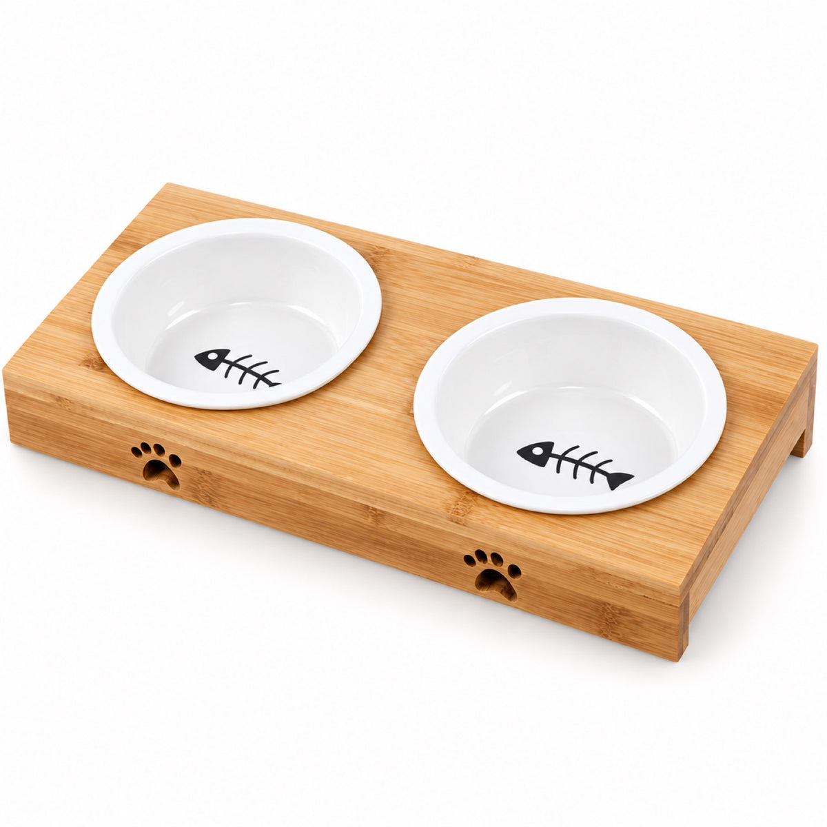 GAVPEPY Bamboo Stand with Two Ceramic Pet Bowls, stand 29.5 x 14.1 x 5.3 cm, natural bamboo and white bowls, for Everyday Dog and Cat Meals or Water at Home, two ceramic bowls seated in a low bamboo frame; a practical feeding setup for daily image 1 - main.jpg