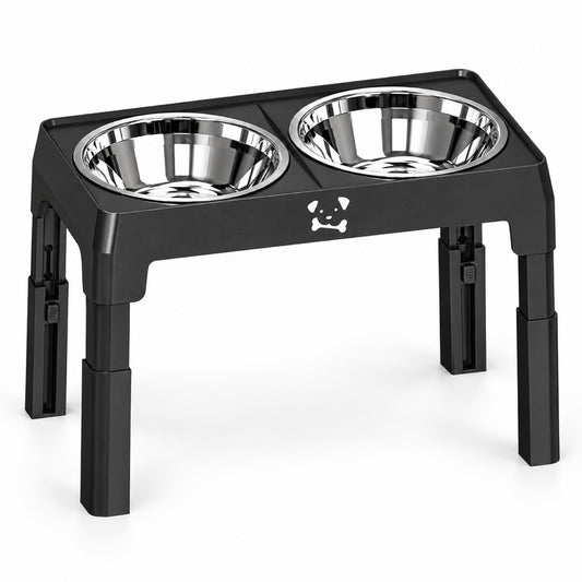 GAVPEPY Adjustable Raised Double Dog Bowl Stand, 44 x 23 x 31 cm, Black only, for Everyday Dog and Cat Meals or Water at Home, two stainless steel bowls in a height-adjustable frame; a practical feeding setup for daily pet-care routines image 1 - main.jpg