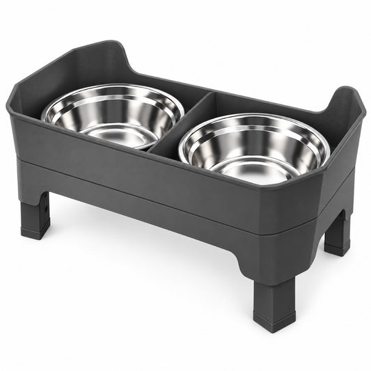 GAVPEPY Raised Double Stainless Steel Pet Bowls, 44 x 26.5 x 16 cm, Black stand, for Everyday Dog and Cat Meals or Water at Home, two bowls with a tall surrounding stand; a practical feeding setup for daily pet-care routines image 1 - main.jpg