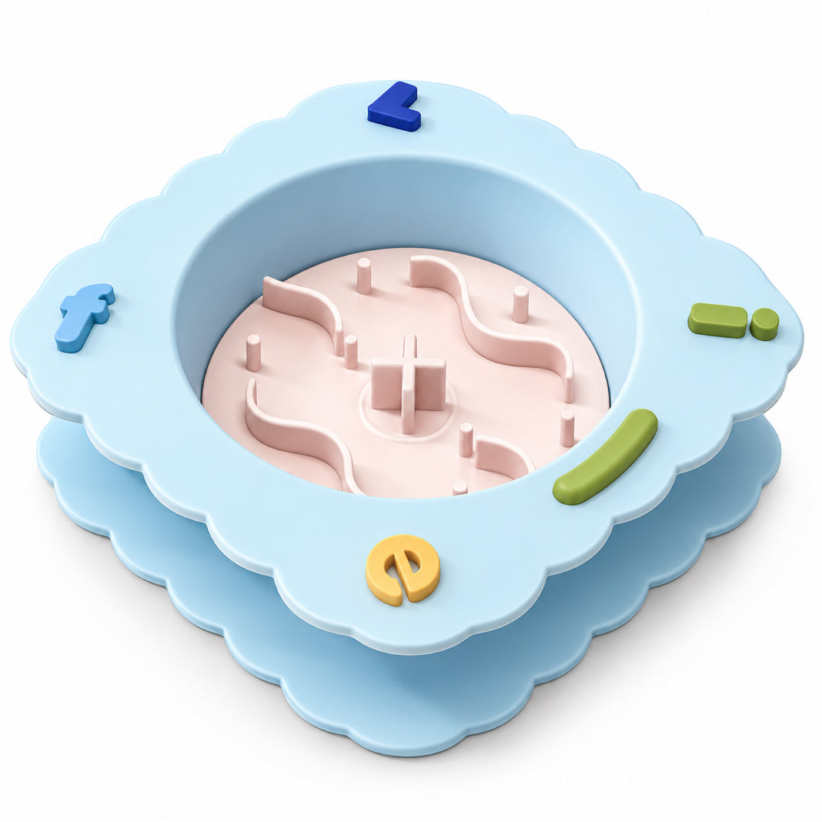 GAVPEPY Silicone Patterned Slow Feeder Bowl, 19.5 x 19.5 x 5.5 cm, Sea Breeze Blue, Sunset Orange or Lemon Yellow, for Everyday Dog and Cat Meals or Water at Home, raised maze-like food channels; a patterned surface separates portions across the bowl image 1 - main.jpg
