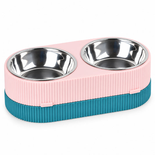GAVPEPY Stainless Steel Double Pet Bowl Set, 31.5 x 16.5 x 9.3 cm, Pink and Green or Blue and Yellow, for Everyday Dog and Cat Meals or Water at Home, two removable-looking bowls in a joined base; a practical feeding setup for daily pet-care routines image 1 - main.jpg