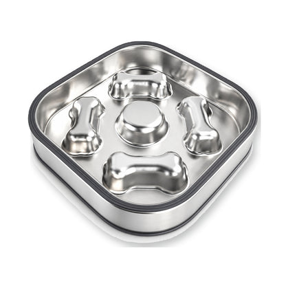 Square Bone-Print Stainless Steel Slow Feeder Bowl, 2 Base Options, By GAVPEPY image 1 - main.jpg