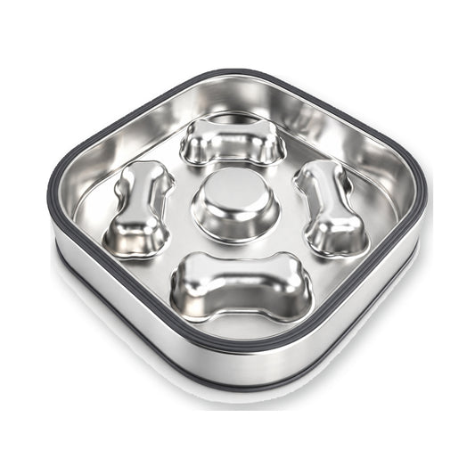 Square Bone-Print Stainless Steel Slow Feeder Bowl, 2 Base Options, By GAVPEPY image 1 - main.jpg