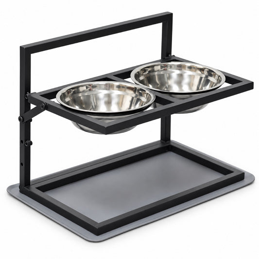 GAVPEPY Metal Raised Double Dog Bowl Stand, 42 x 32 x 25.5 cm, Black frame with two bowls, for Everyday Dog and Cat Meals or Water at Home, metal frame holding two stainless-look bowls; a practical feeding setup for daily pet-care routines image 1 - main.jpg