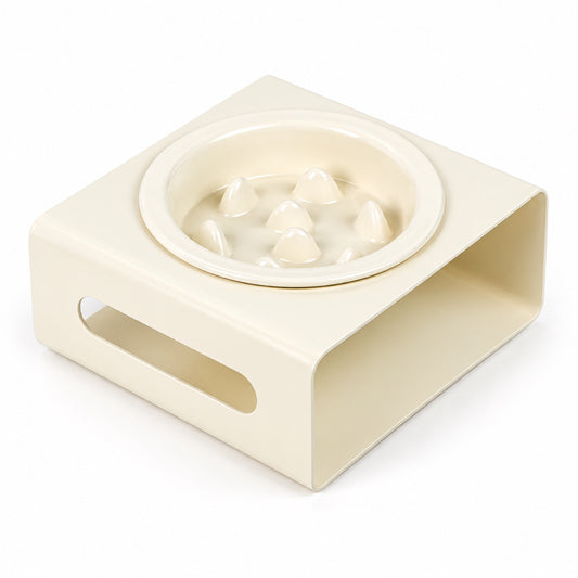 GAVPEPY Ceramic Slow Feeder Bowl and Stand, 13.5 x 13.5 x 3.5 cm bowl, nine bowl-and-stand color combinations, for Everyday Dog and Cat Meals or Water at Home, raised feeding pattern in a small matching stand; a patterned surface separates portions image 1 - main.jpg