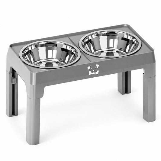 GAVPEPY Adjustable Raised Double Pet Feeder, 43 x 24 x 8.5 cm, Black or Steel Gray, for Everyday Dog and Cat Meals or Water at Home, two bowl positions in a plastic support; a practical feeding setup for daily pet-care routines image 1 - main.jpg