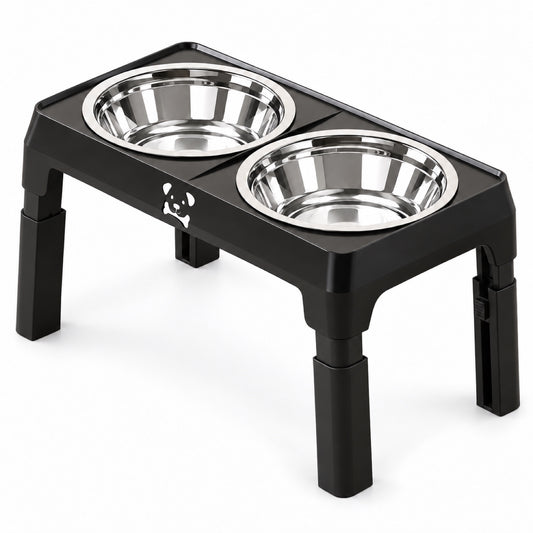 GAVPEPY Adjustable Double Stainless Steel Pet Bowl Stand, 43 x 24 x 8.5 cm, Black or Gray, for Everyday Dog and Cat Meals or Water at Home, two bowls in a foldable raised support; a practical feeding setup for daily pet-care routines image 1 - main.jpg